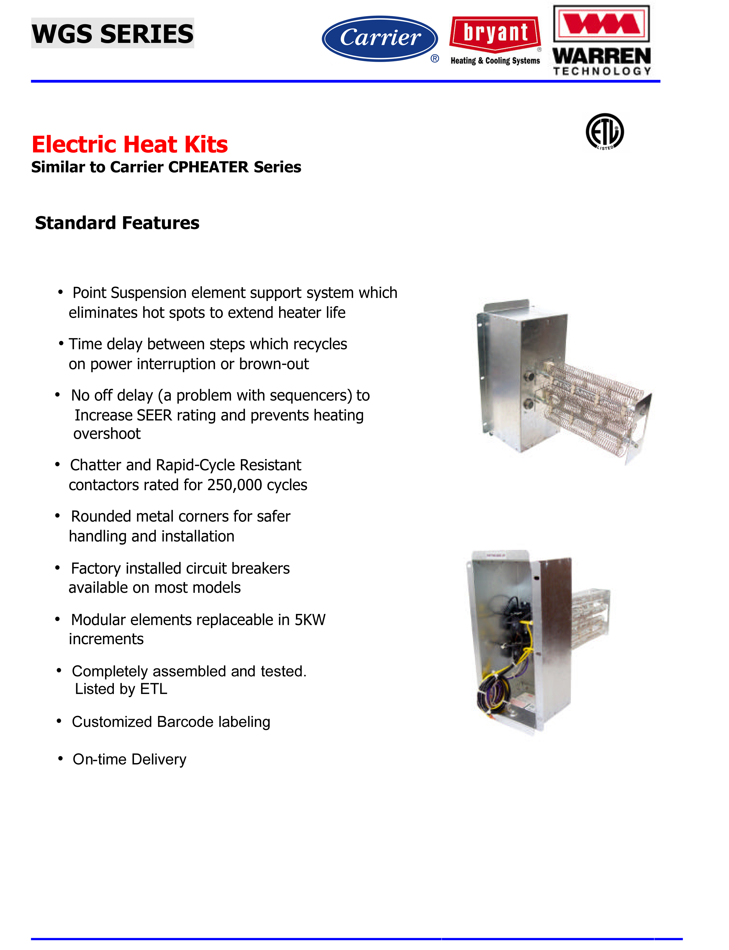 20 KW heat strip for Carrier/Bryant/Payne heat pump package units WGS2002H